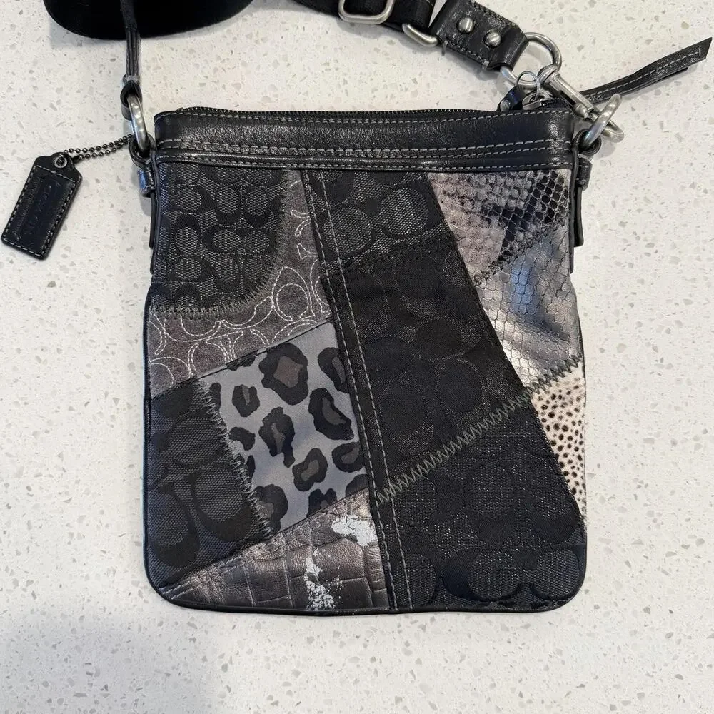 Vtg Coach Patchwork Crossbody Bag Small Black Leopard Leather Studded 42070 Y2K
